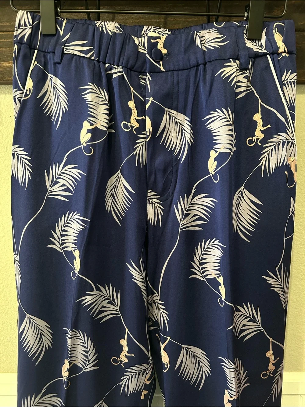 J.Crew Piamita Monkey Palm Print Alexa Silk Pants A3125 Stretch Silk Navy Blue